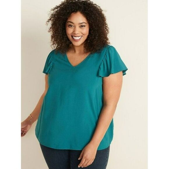 Old Navy V-Neck Flutter-Sleeve Plus-Size Blouse Canopy/Teal Sz 1X - Picture 1 of 1